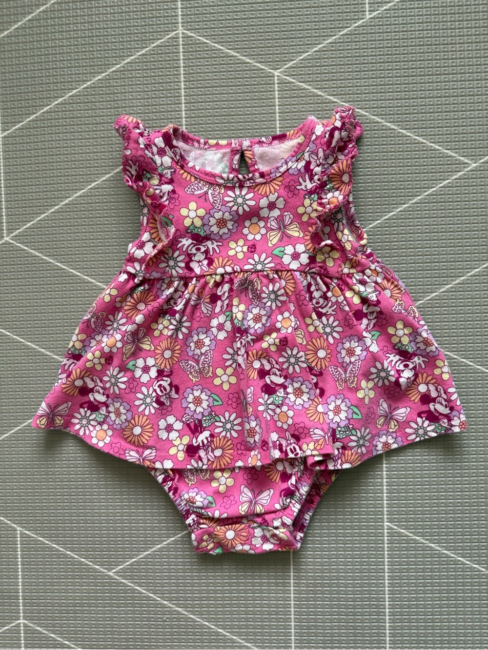 Disney Jumping Beans|Pink Minnie Mouse Floral sleeveless onesie dress,boho 12M• - Picture 2 of 6
